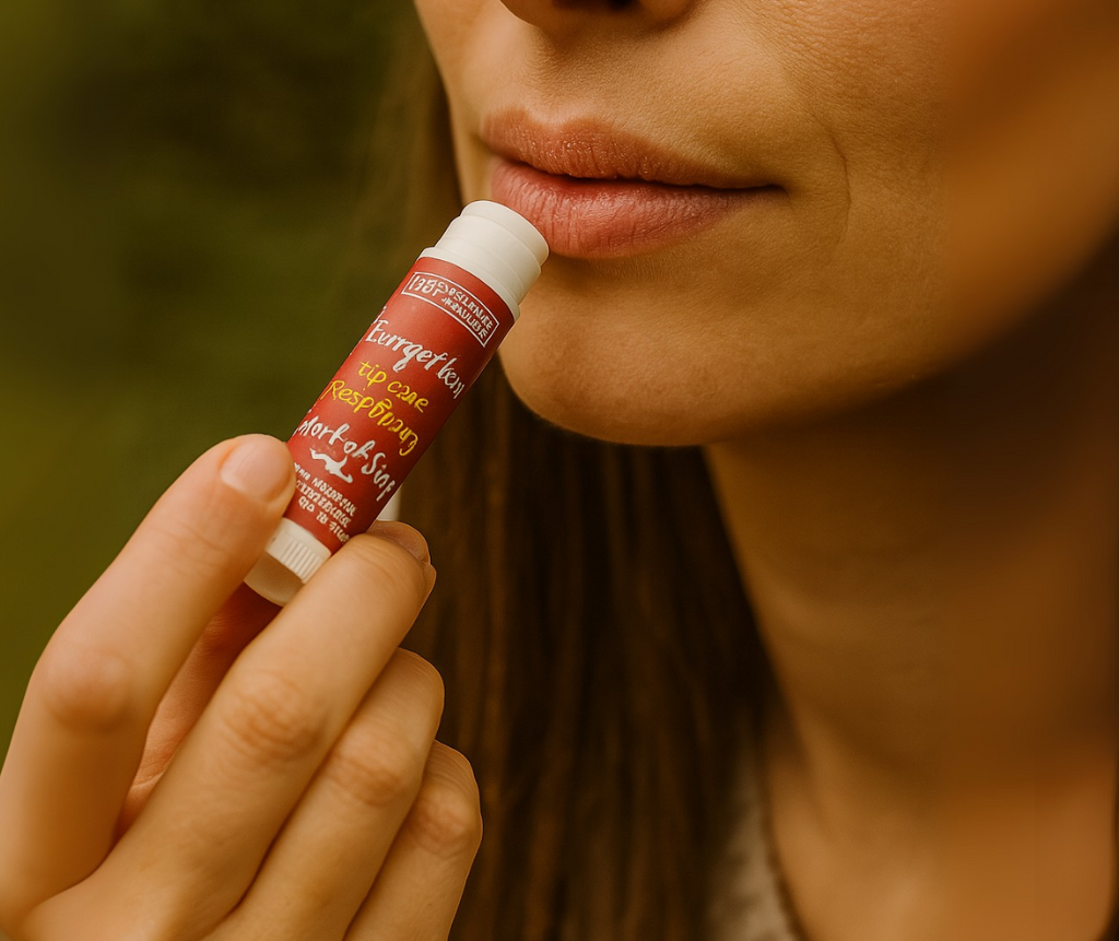raspberry lippenbalsem in use